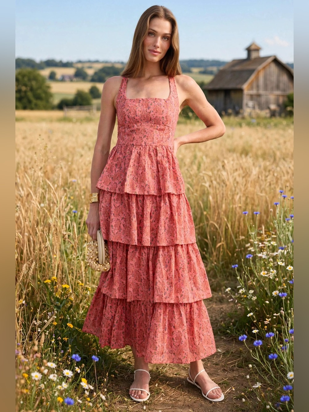 BEL KAZAN Lucca Dress Tiered Floral Maxi Dress in Coral Pink sz XL